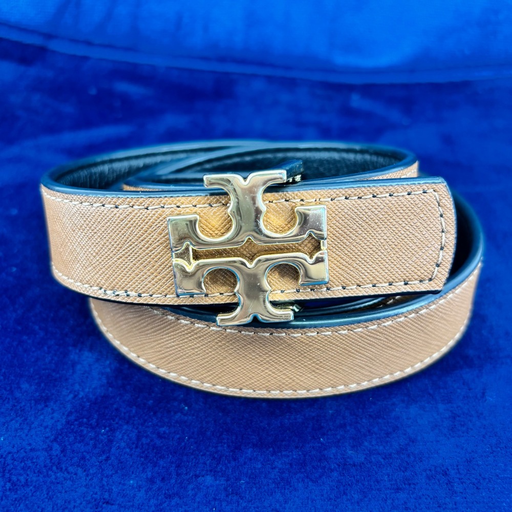 2 in 1 Tory Burch Reversible Leather Belt Black Cognac Gold Logo Buckle 1 Inch - Picture 2 of 5